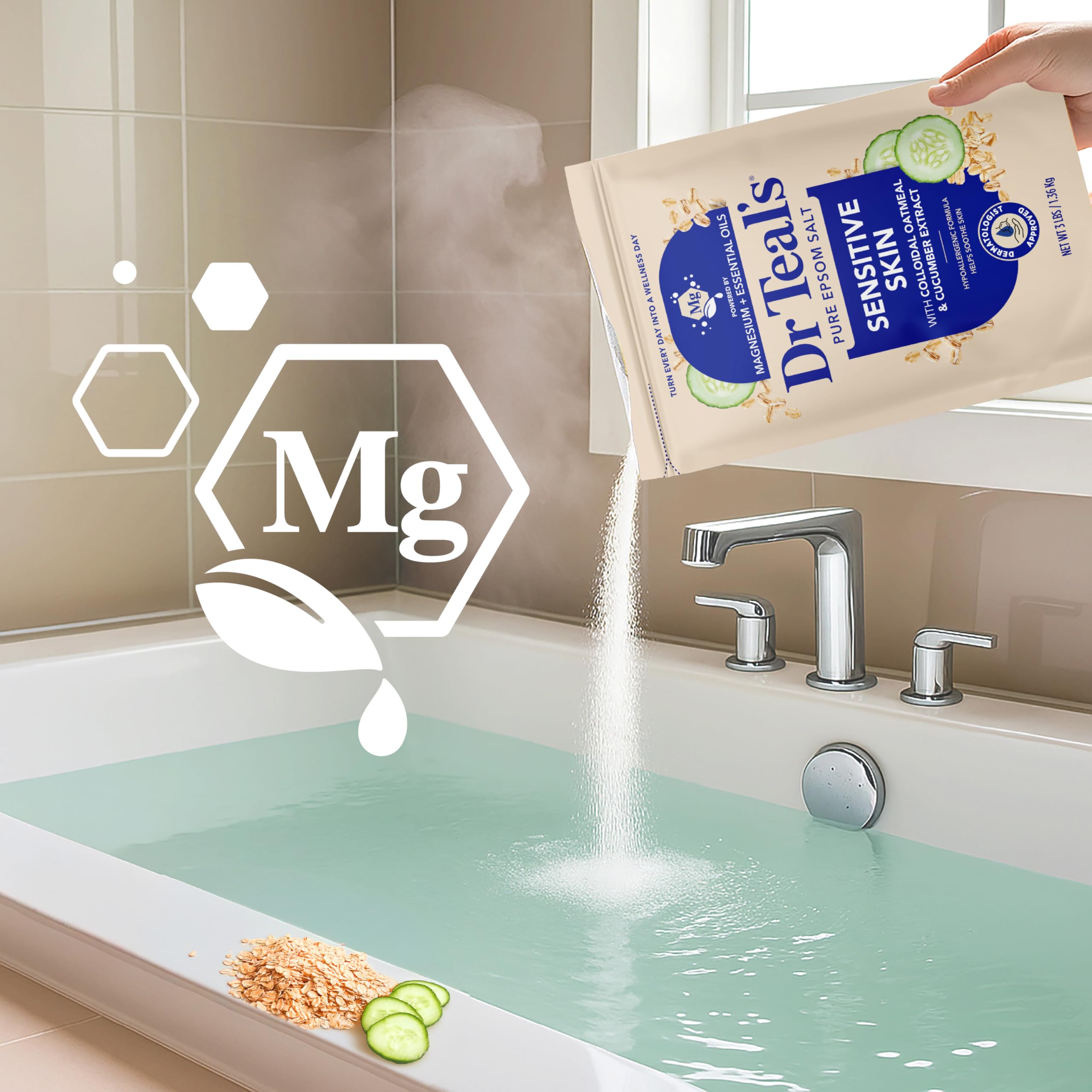 Dr Teal's jar in use in a bathtub suggesting a relaxing soak ritual