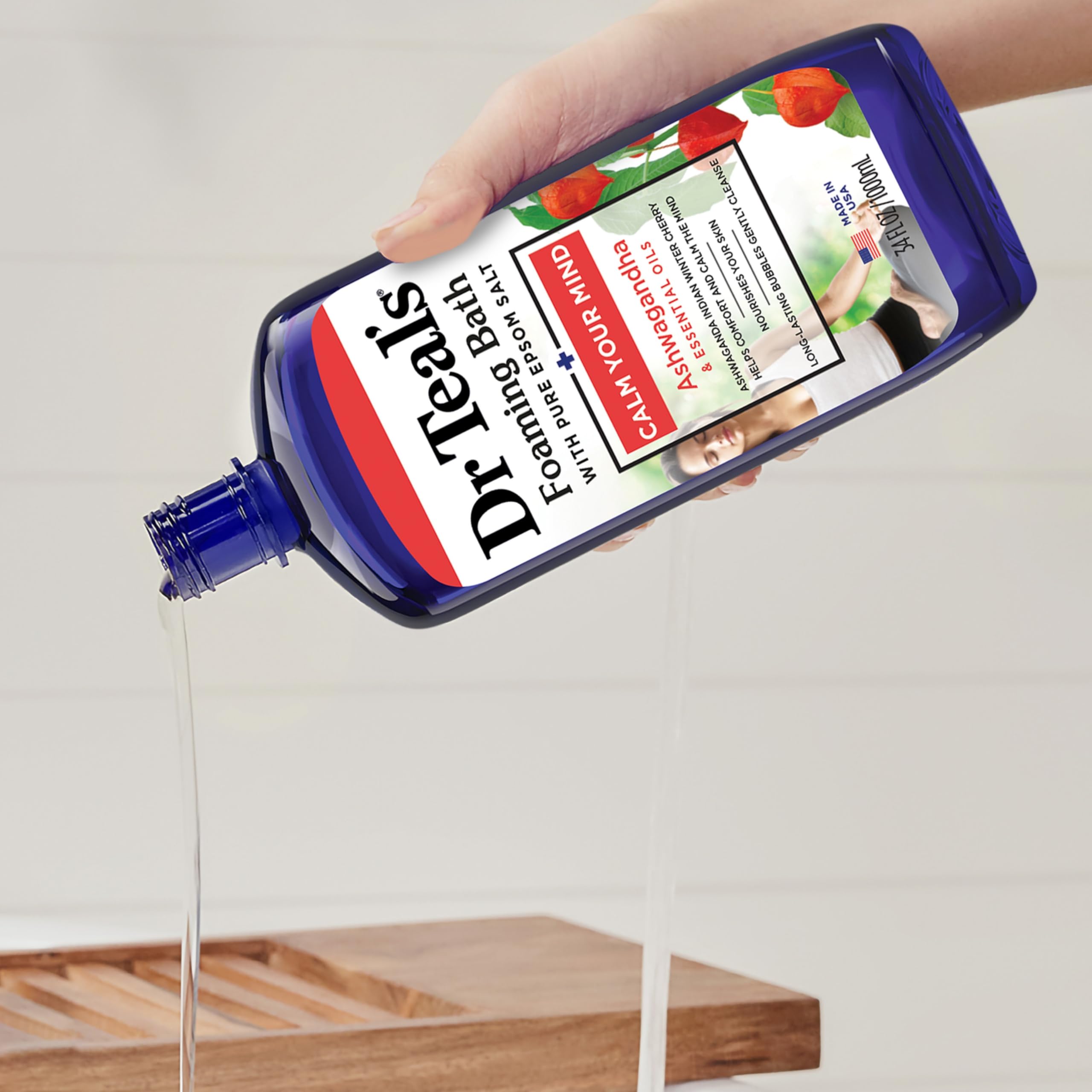 Dr Teal's bottle staged in bathroom for a serene soak atmosphere