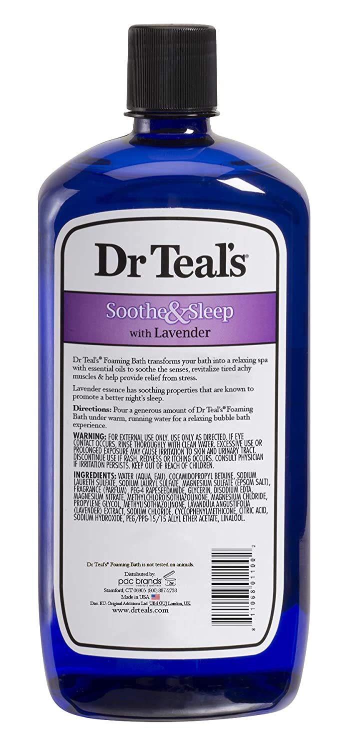 Dr Teal's bottle placed by a filled bathtub demonstrating a relaxing at-home spa scene
