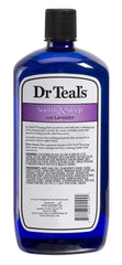 Dr Teal's bottle placed by a filled bathtub demonstrating a relaxing at-home spa scene