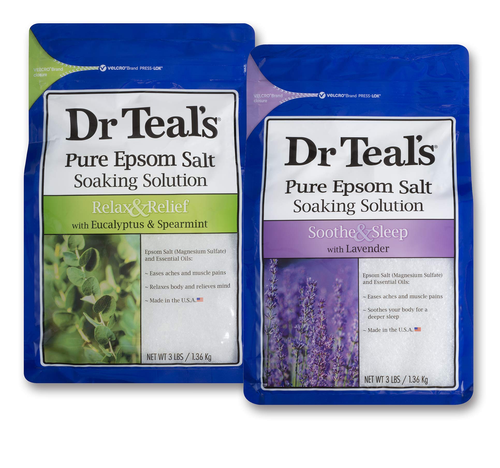 Dr Teal's bundle front packaging showing both 3 lb eucalyptus and lavender bags and clear labeling benefits