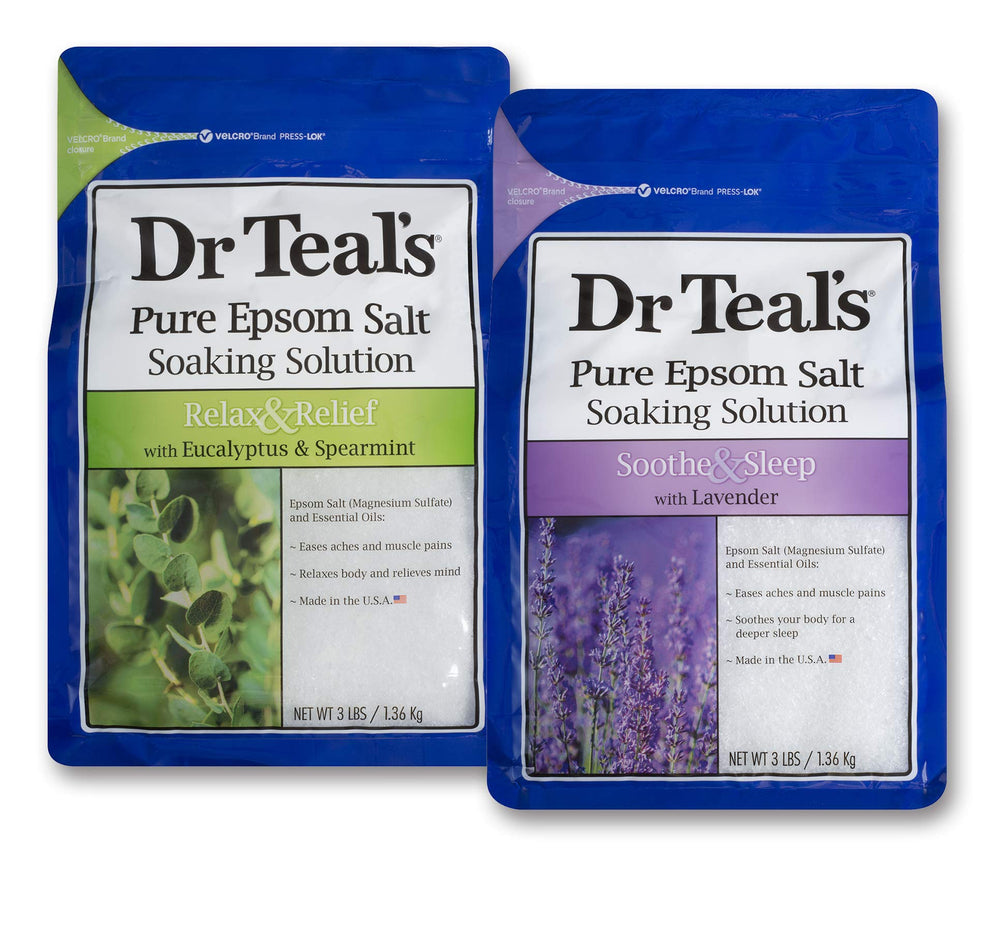 Dr Teal's bundle front packaging showing both 3 lb eucalyptus and lavender bags and clear labeling benefits
