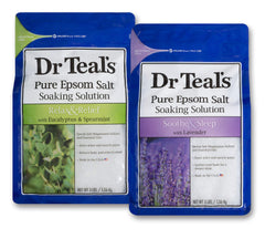 Dr Teal's bundle front packaging showing both 3 lb eucalyptus and lavender bags and clear labeling benefits