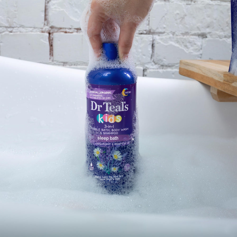 Dr Teal's child relaxed in tub illustrating bedtime wind-down benefit