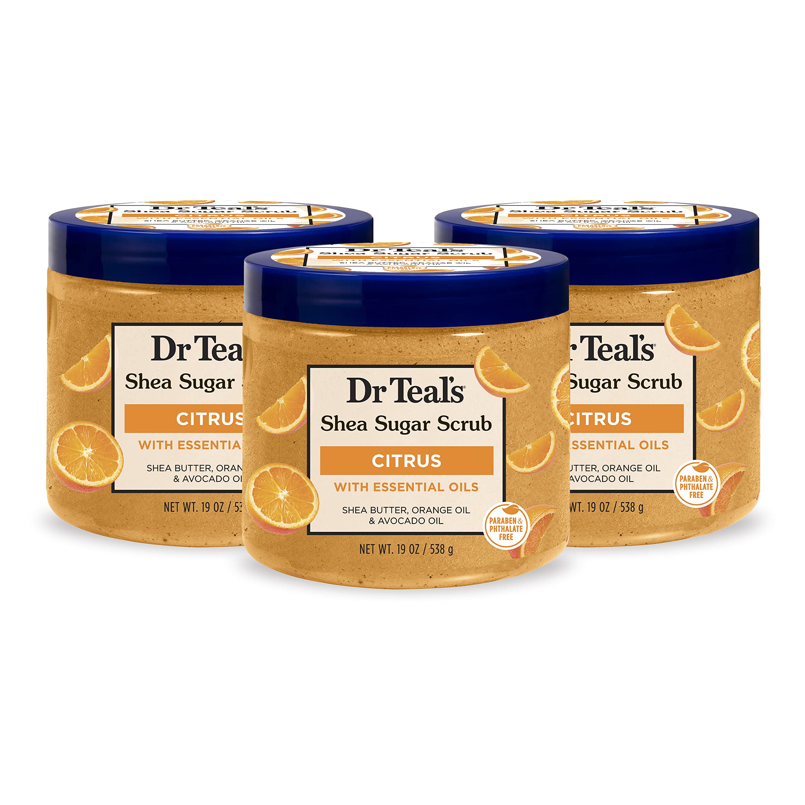 Dr Teal's front label showing citrus shea scrub benefit