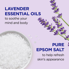 Dr Teal's close-up label displaying lavender essential oil and hydrating ingredient promise