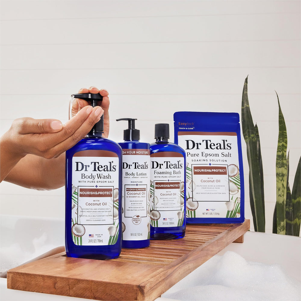 Dr Teal's bottle on bathroom shelf suggesting daily skincare routine