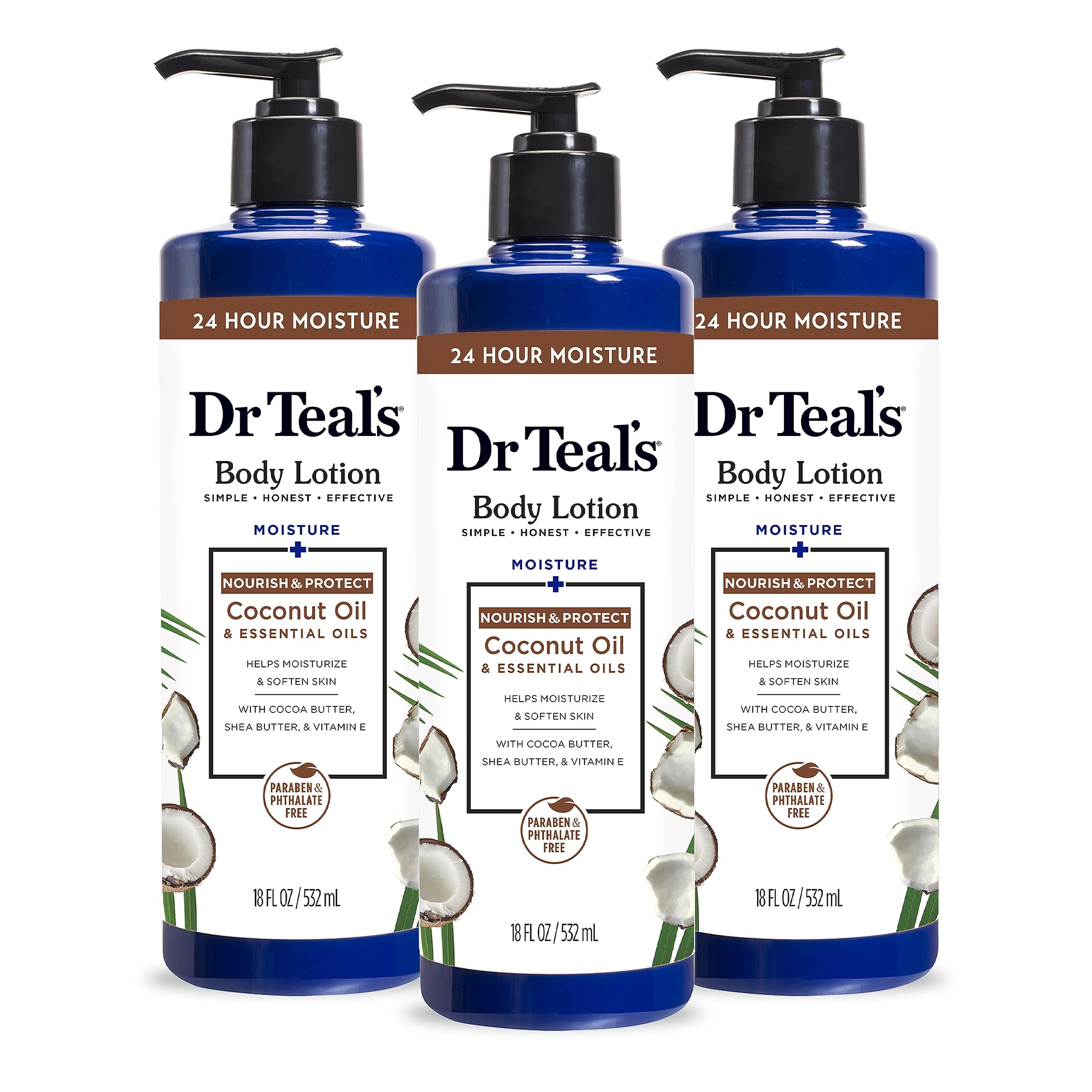 Dr Teal's front bottle view showing coconut lotion and hydration benefits