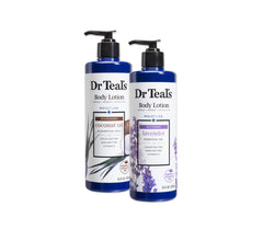 Dr Teal's front bottle showing coconut and lavender scent and fast-absorbing benefit