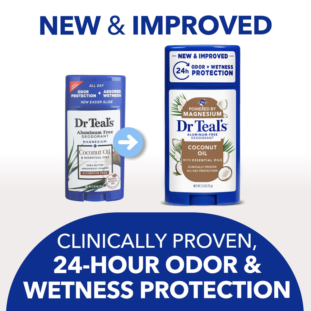 Dr Teal's deodorant held in hand to show 2.5 oz size and portability