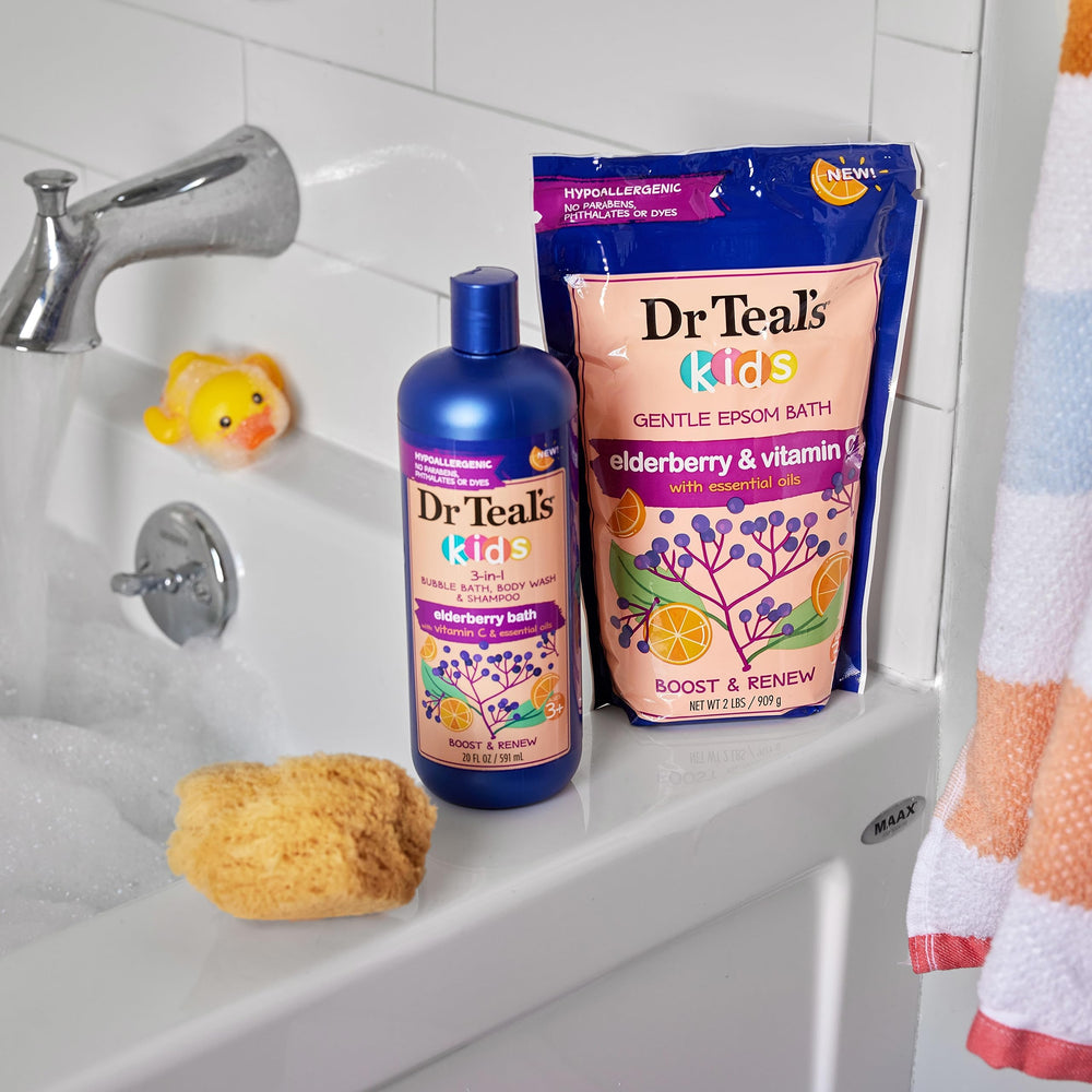 Dr Teal's bottle beside ruler showing 20 fl oz scale benefit
