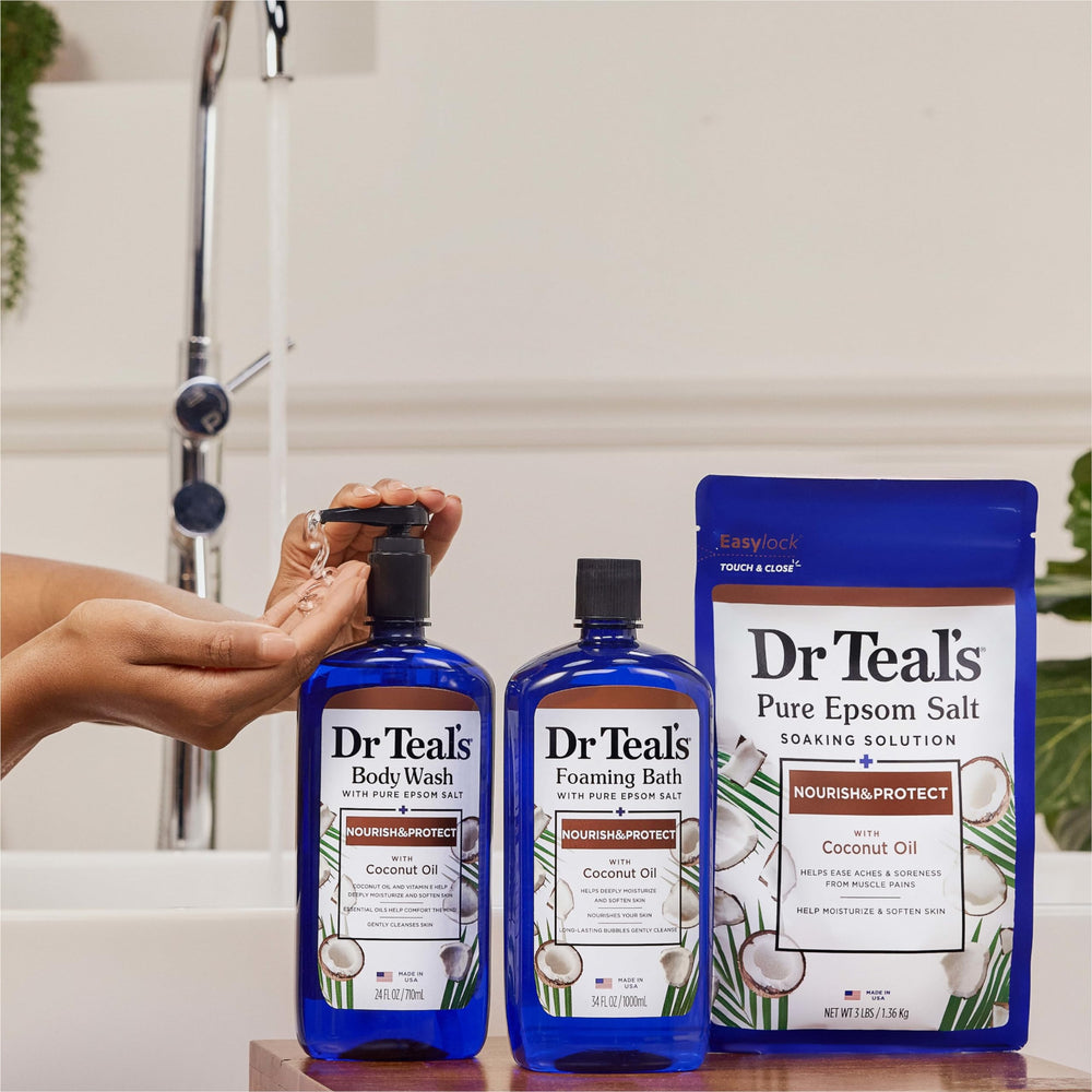 Epsom salt crystals beside bottle illustrating Dr Teal's soothing benefit