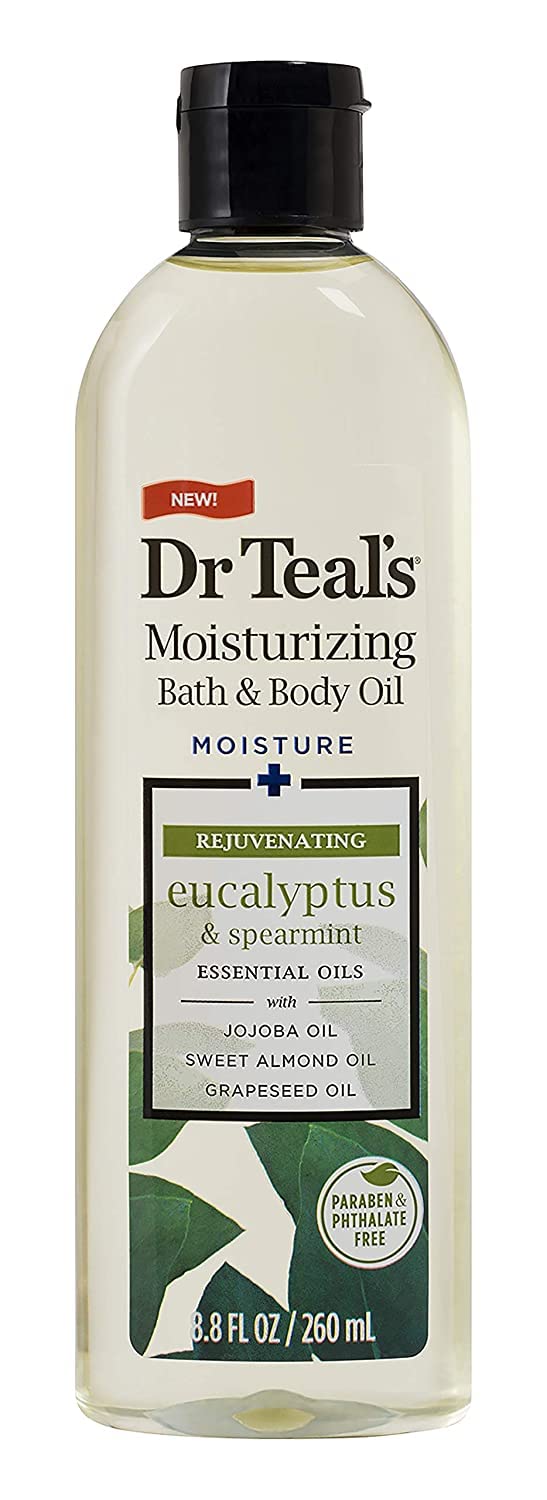 Dr Teal's eucalyptus bottle close-up highlighting label and scent clarity for freshness