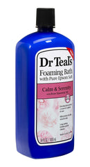 Dr. Teal's foaming bath bottle label closeup showing rose oil benefit