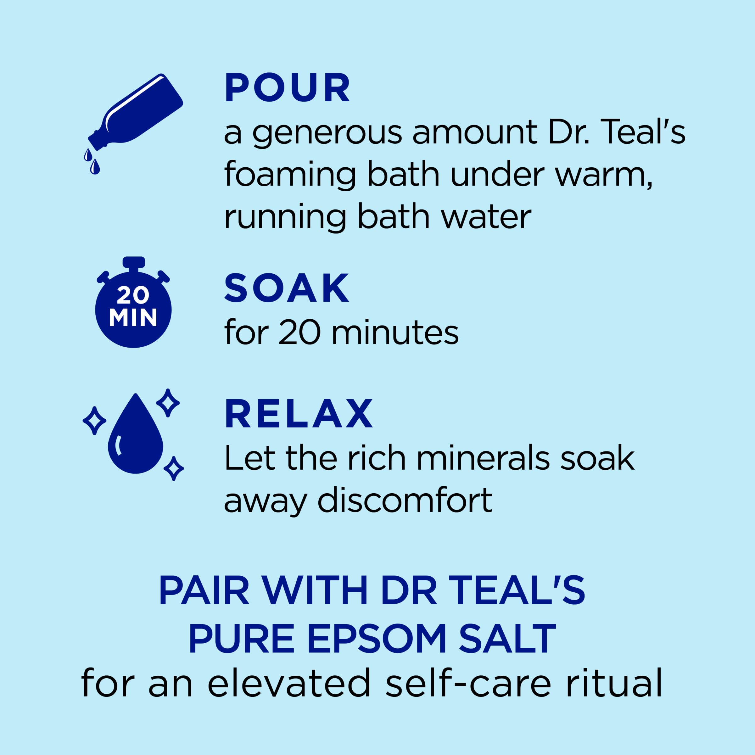 Dr Teal's bubbles filling a bathtub offering relaxing soak benefit