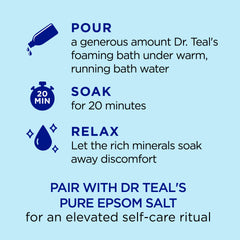 Dr Teal's bubbles filling a bathtub offering relaxing soak benefit