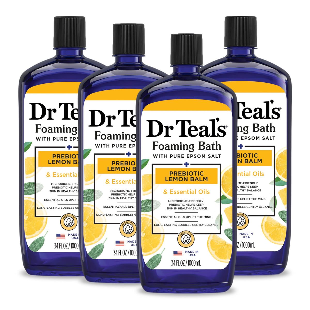 Dr Teal's front bottle view showing label and size for easy identification