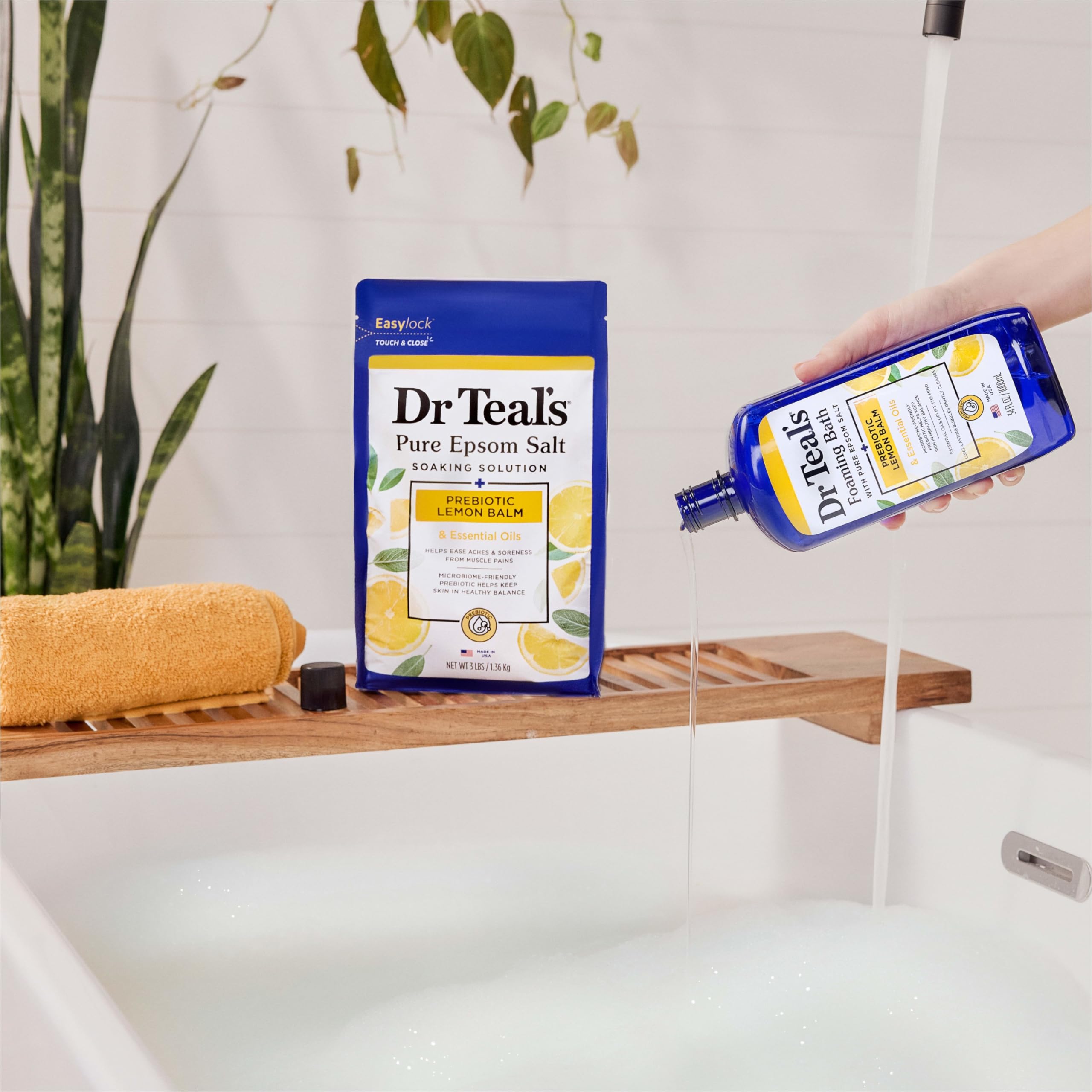 Bathtub scene with Dr Teal's bottle for a relaxing bathroom lifestyle image