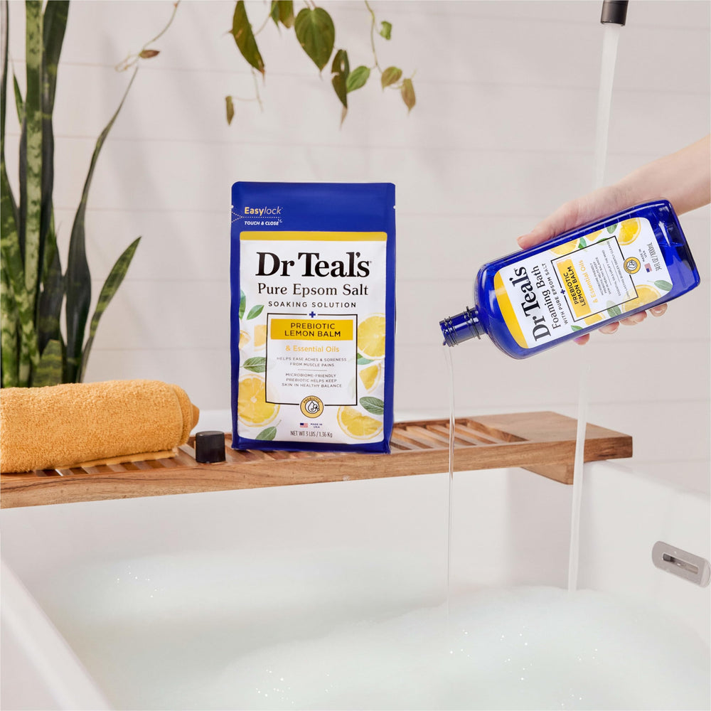 Bathtub scene with Dr Teal's bottle for a relaxing bathroom lifestyle image