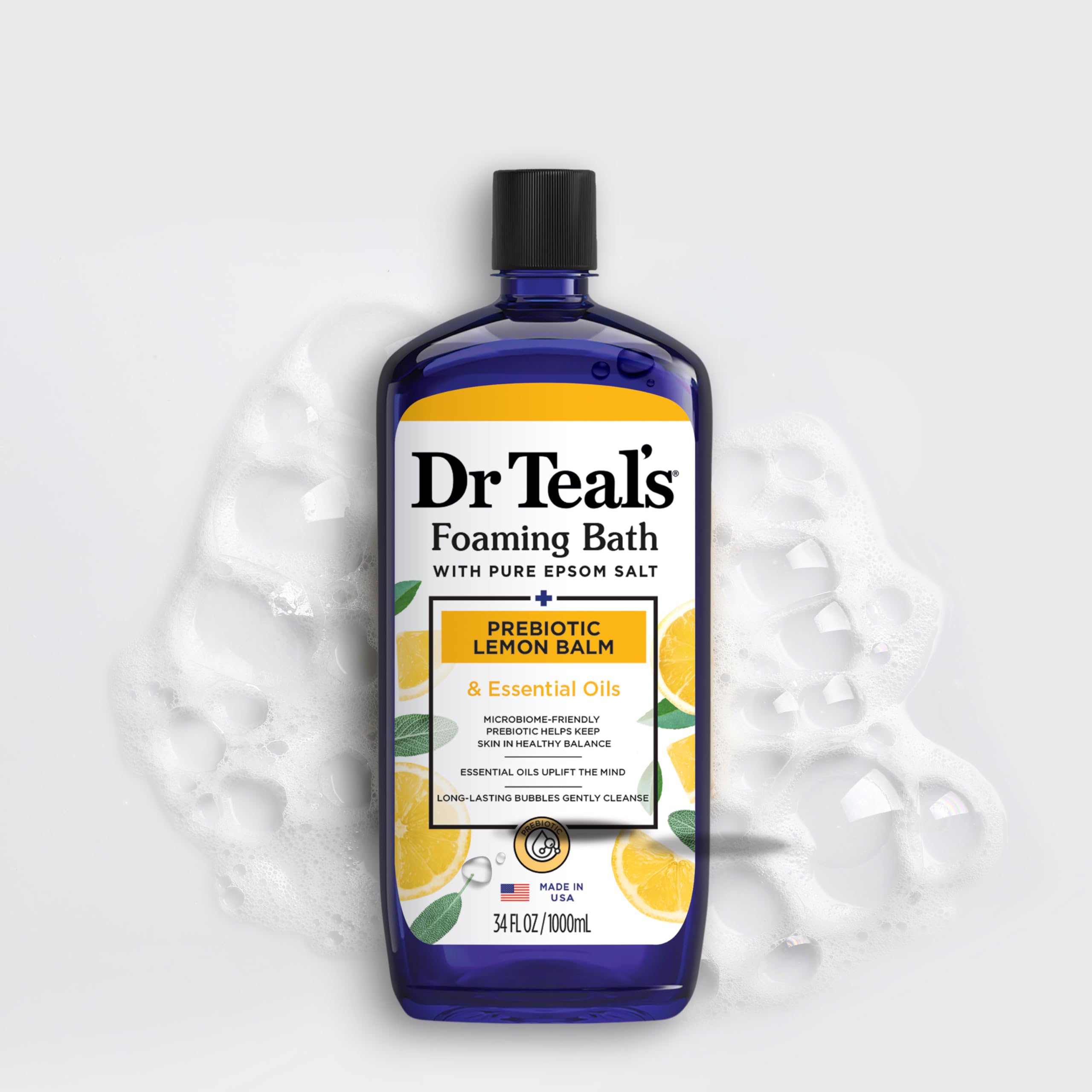 Four Dr Teal's bottles stacked to display the multi-pack value and supply