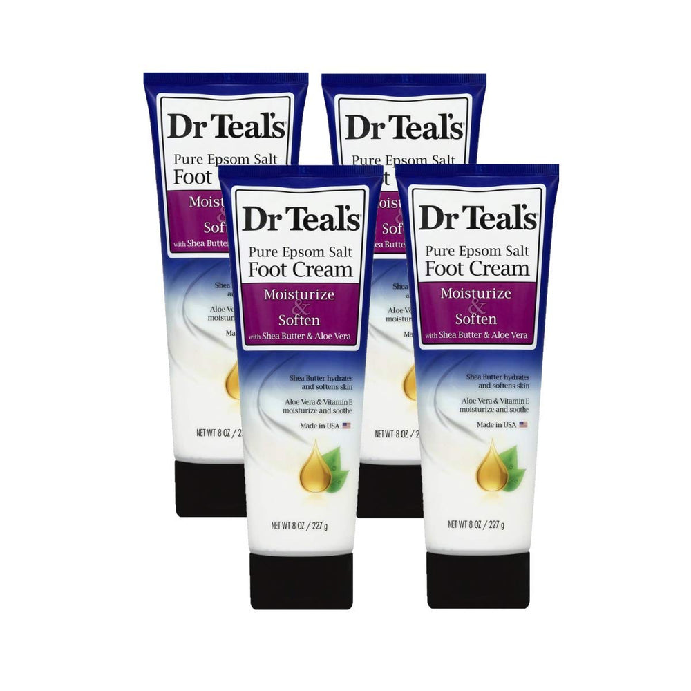 Dr Teal's front packaging showing four 8oz bottles and benefits
