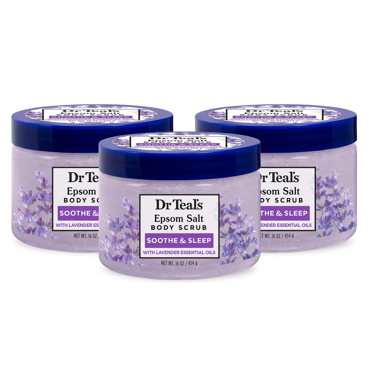 Dr Teal's front label pack of three showing product benefits