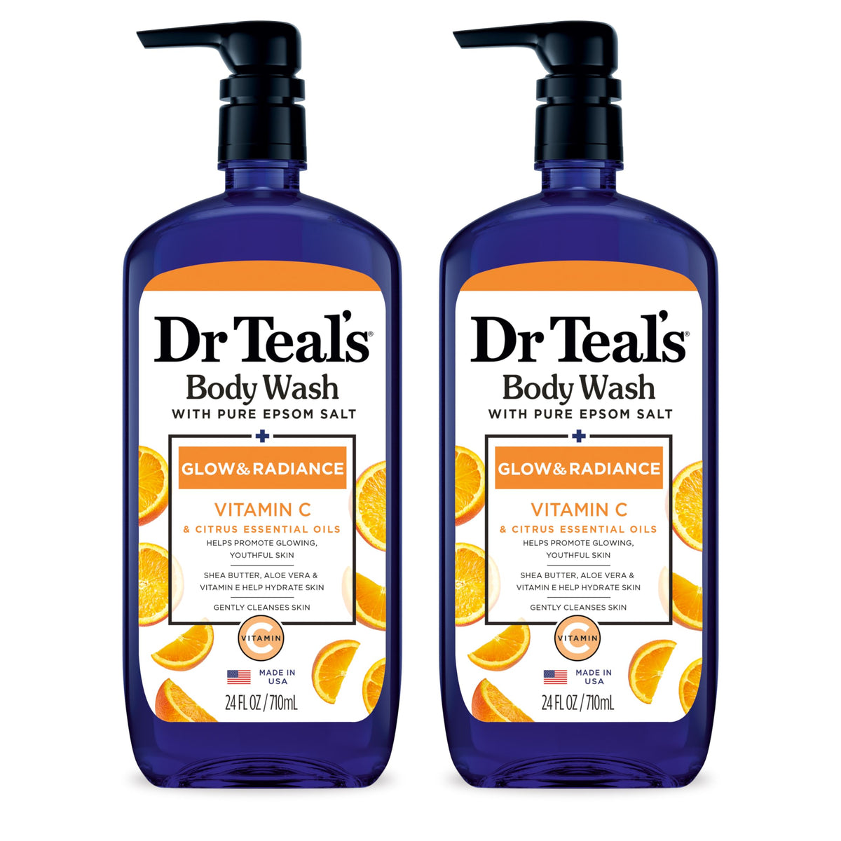Dr Teal's front bottle view showing glow and radiance benefits