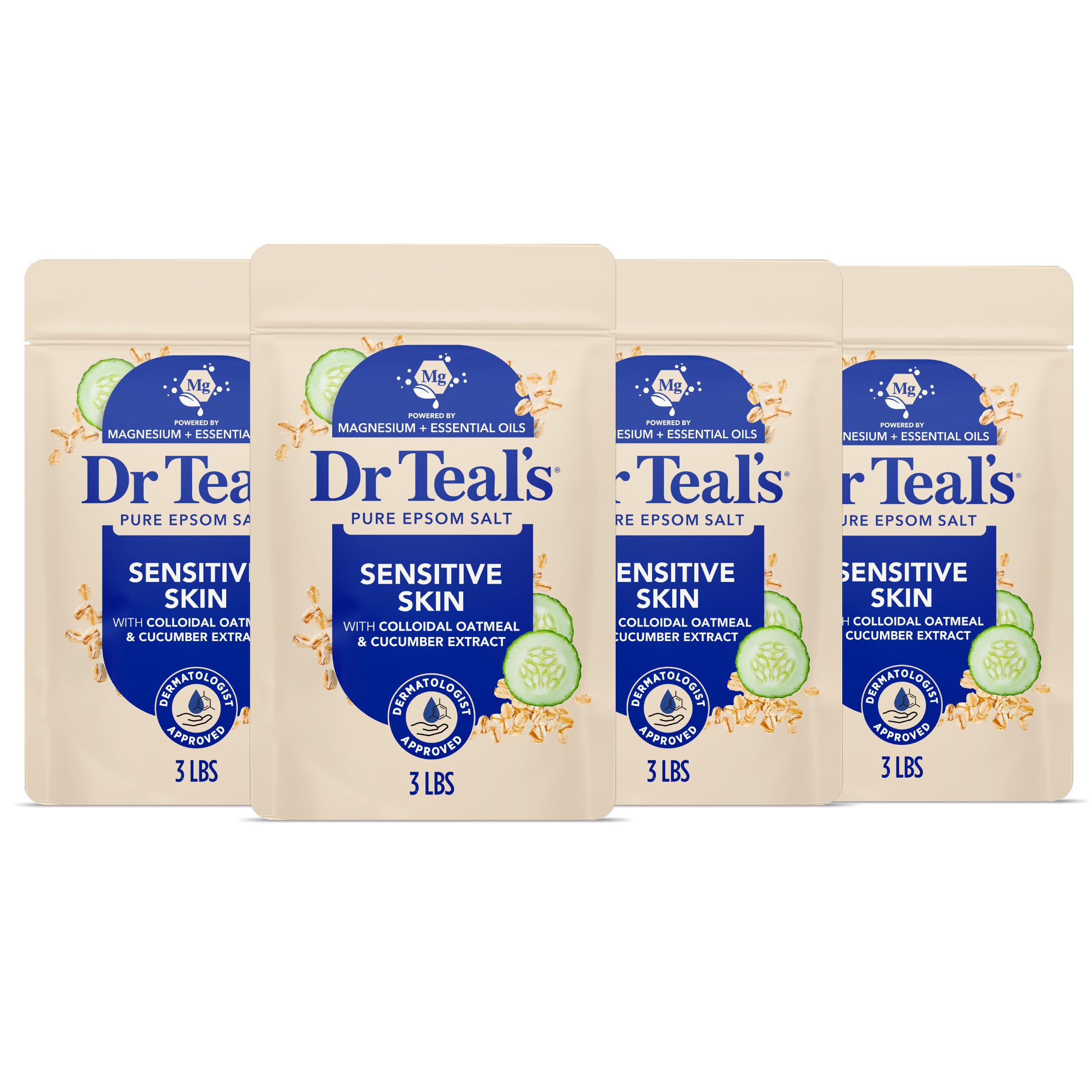 Dr Teal's front packaging showing sensitive skin soak and calming benefits