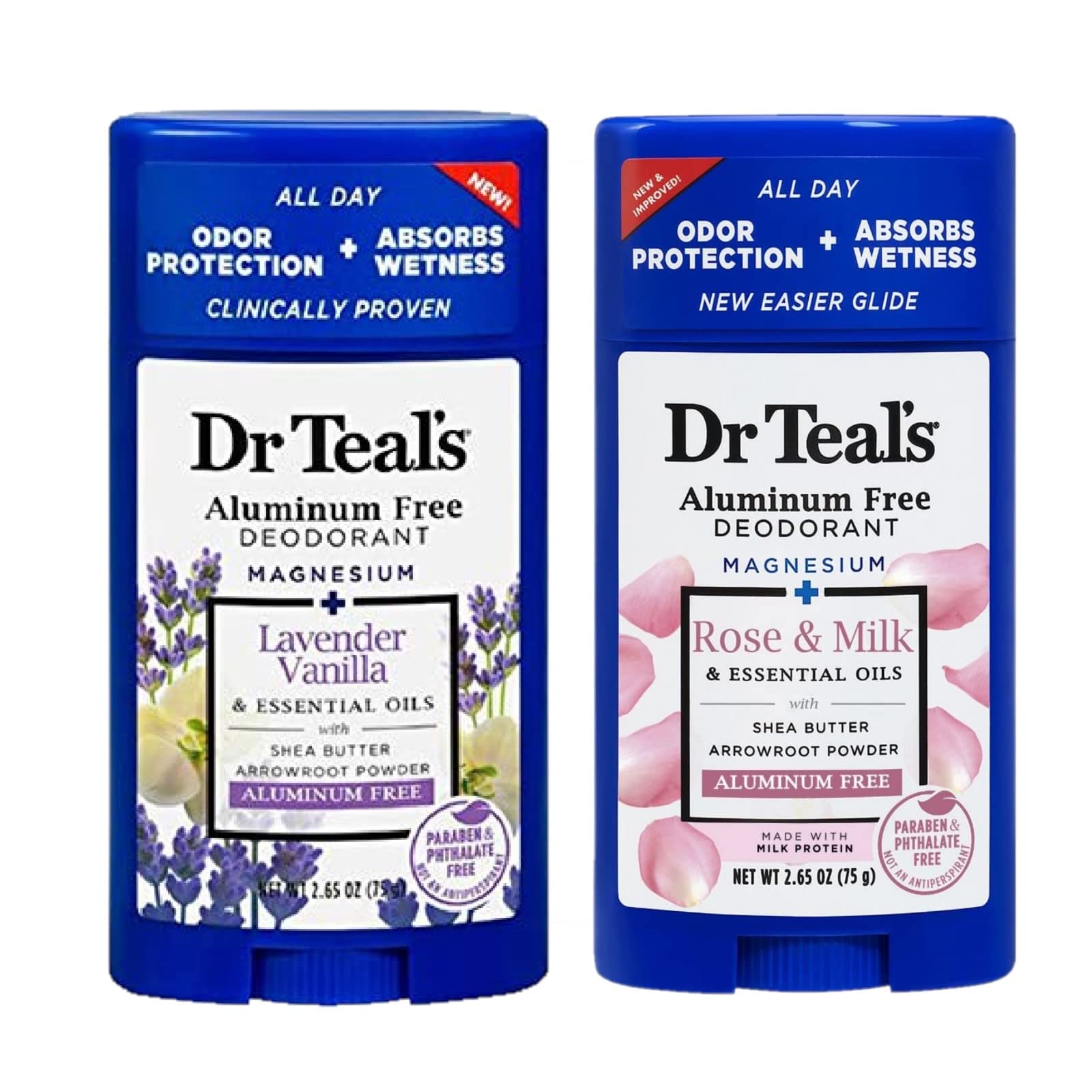 Dr Teal's front packaging showing both deodorant sticks and benefits
