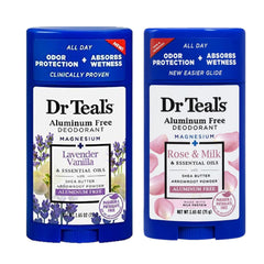 Dr Teal's front packaging showing both deodorant sticks and benefits