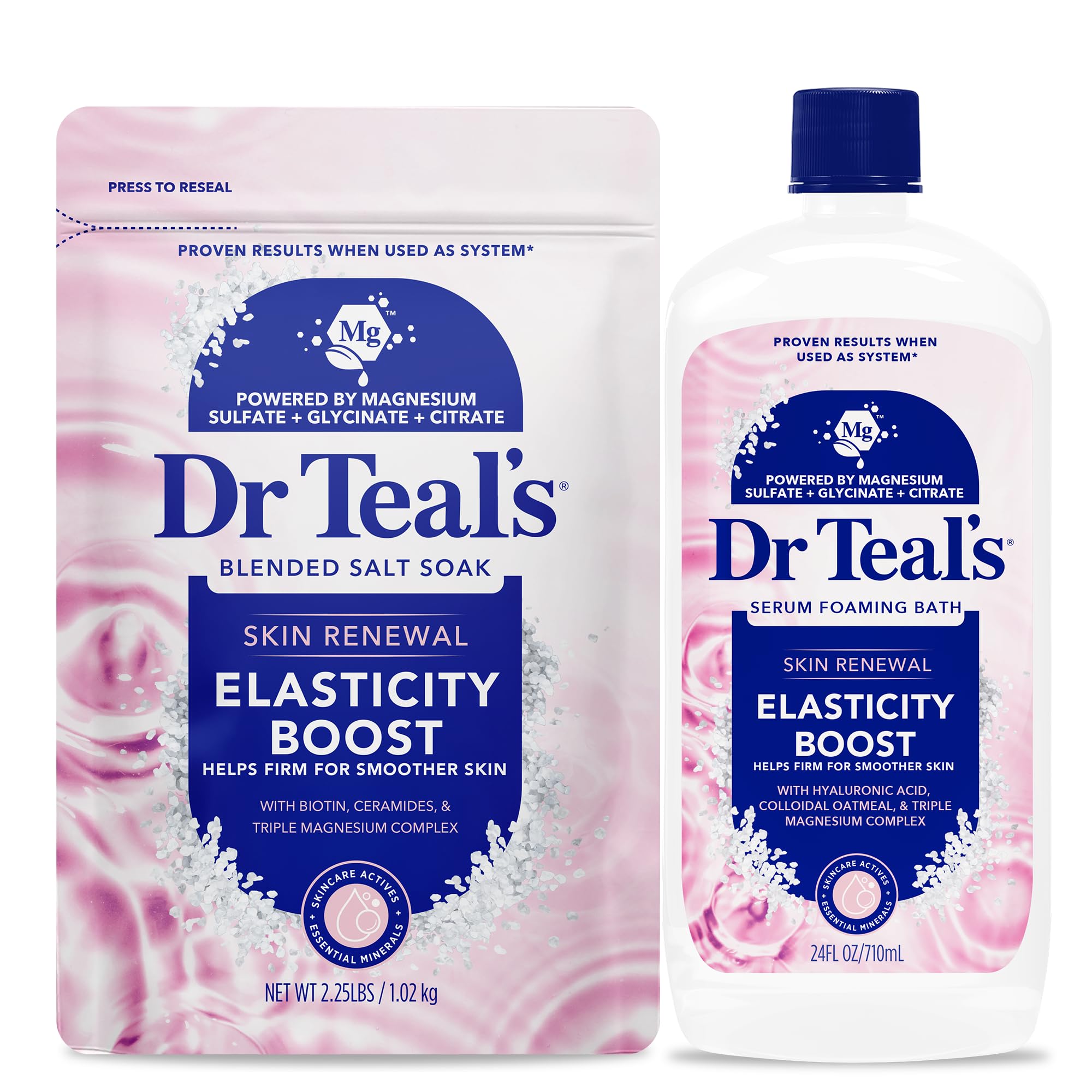 Dr Teal's front packaging displaying salt soak and foaming bath for firmer skin