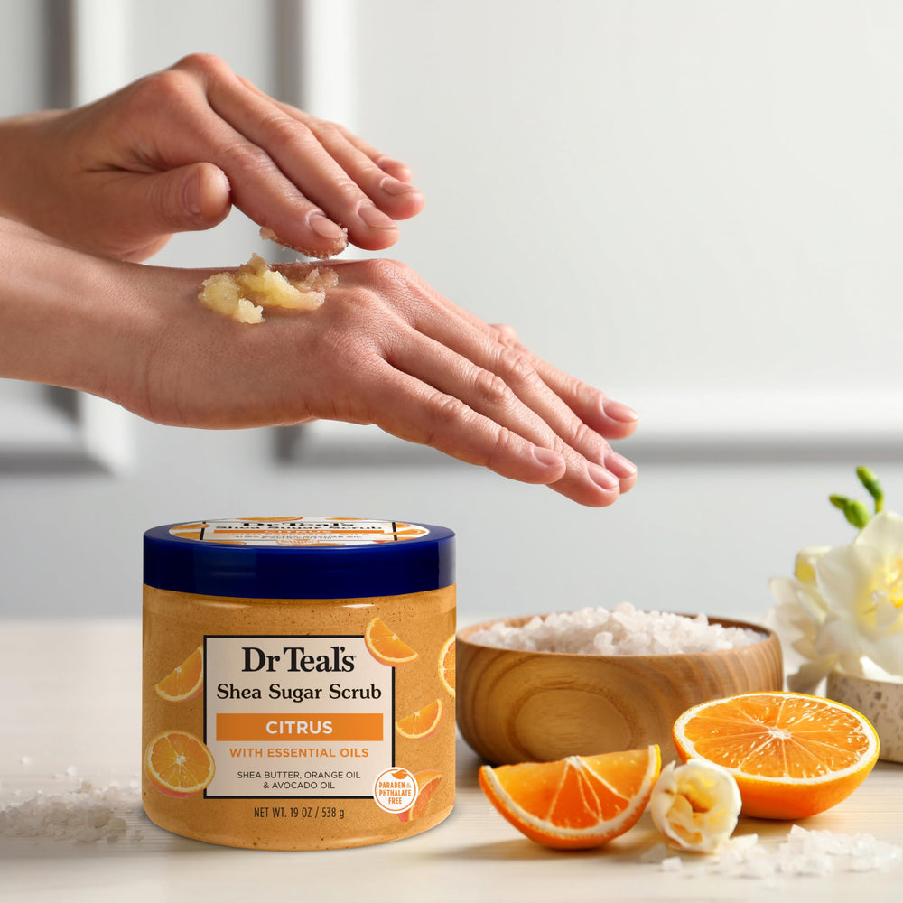 Dr Teal's product in hand showing 19 oz size and portioning benefit