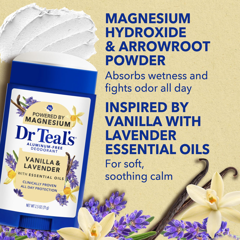 Dr Teal's label closeup reading aluminum-free and dermatologist tested benefits