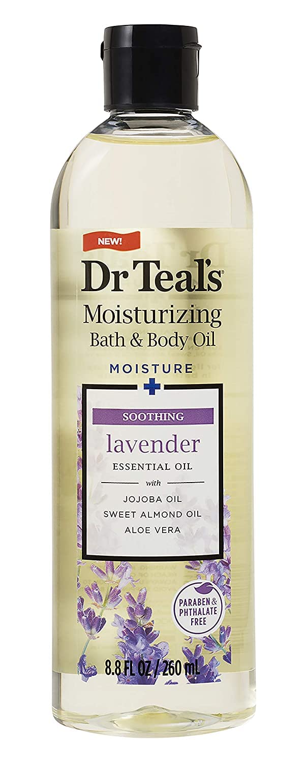 Dr Teal's lavender bottle close-up highlighting calming scent and texture