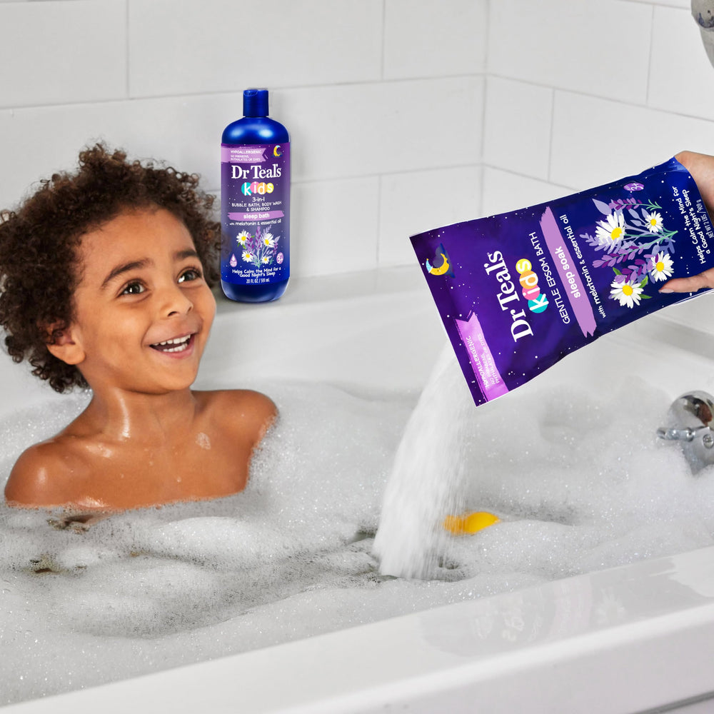 Dr Teal's bottle staged in bathroom lifestyle suggesting calm bedtime ritual