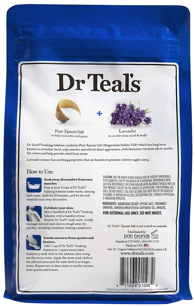 Dr Teal's lavender salt close-up texture showing fine crystals and calming aroma benefits