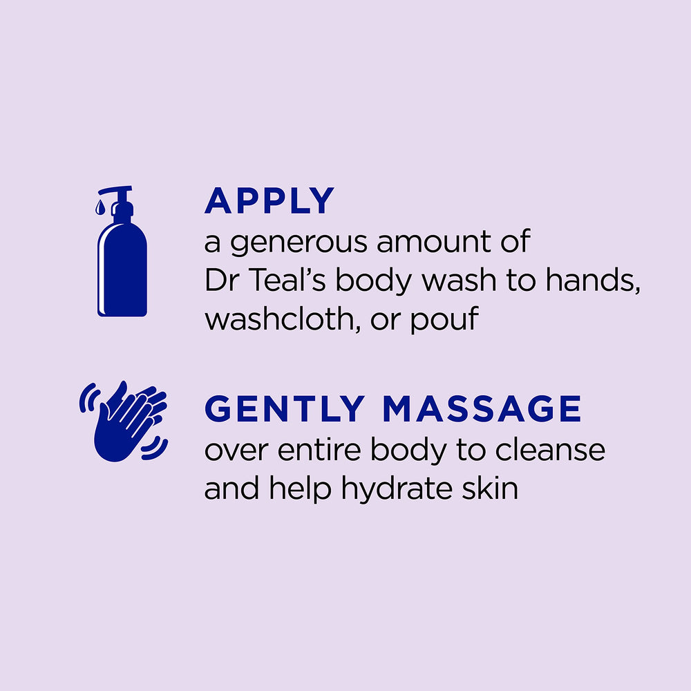 Dr Teal's body wash texture poured on hand illustrating creamy lather and moisturizing feel