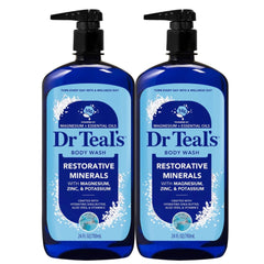 Dr Teal's front packaging showing two restorative minerals bottles and benefit of gentle cleanse