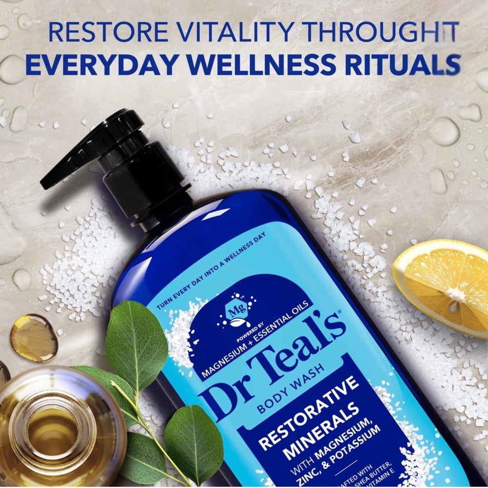 Dr Teal's pouring gel texture on hand highlighting hydrating, non-stripping lather benefit