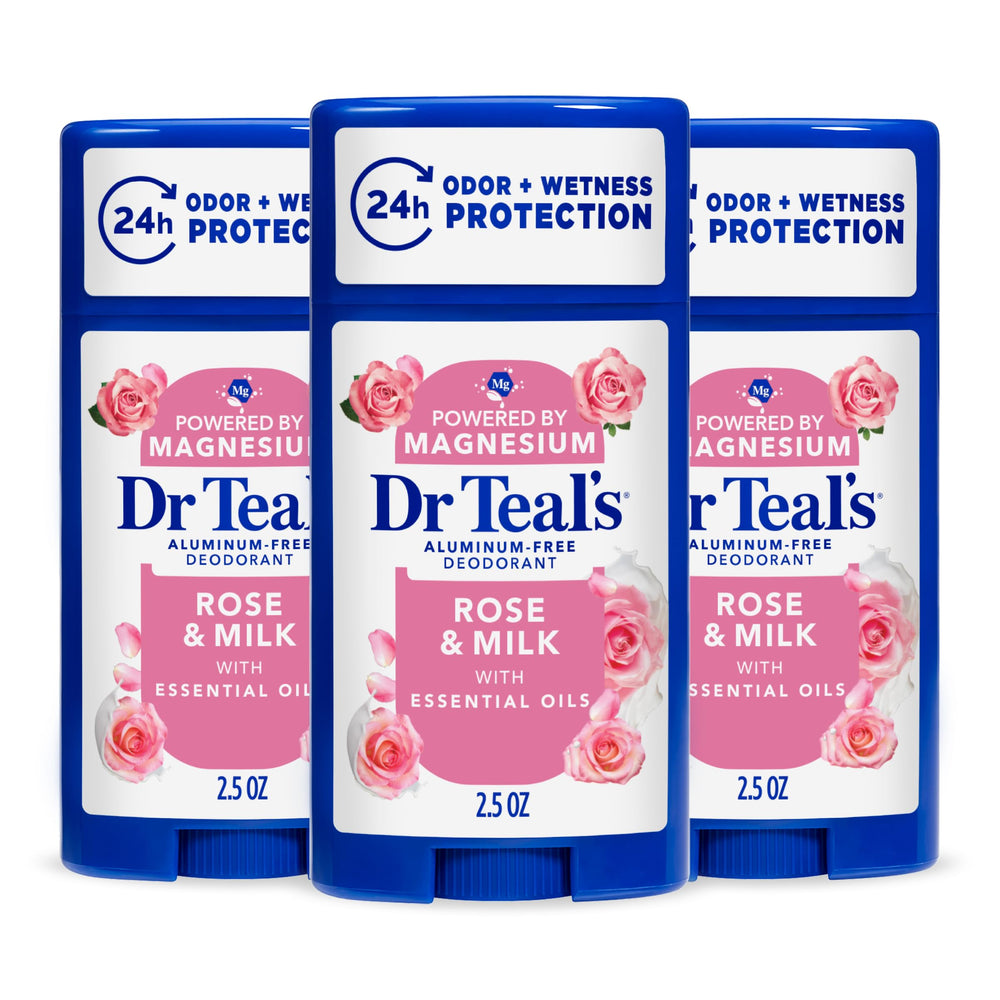 Dr Teal's front packaging showing rose and milk scent, promotes gentle odor control