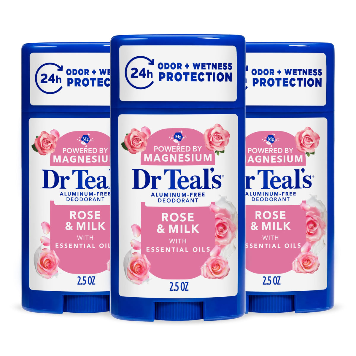 Dr Teal's front packaging showing rose and milk scent, promotes gentle odor control