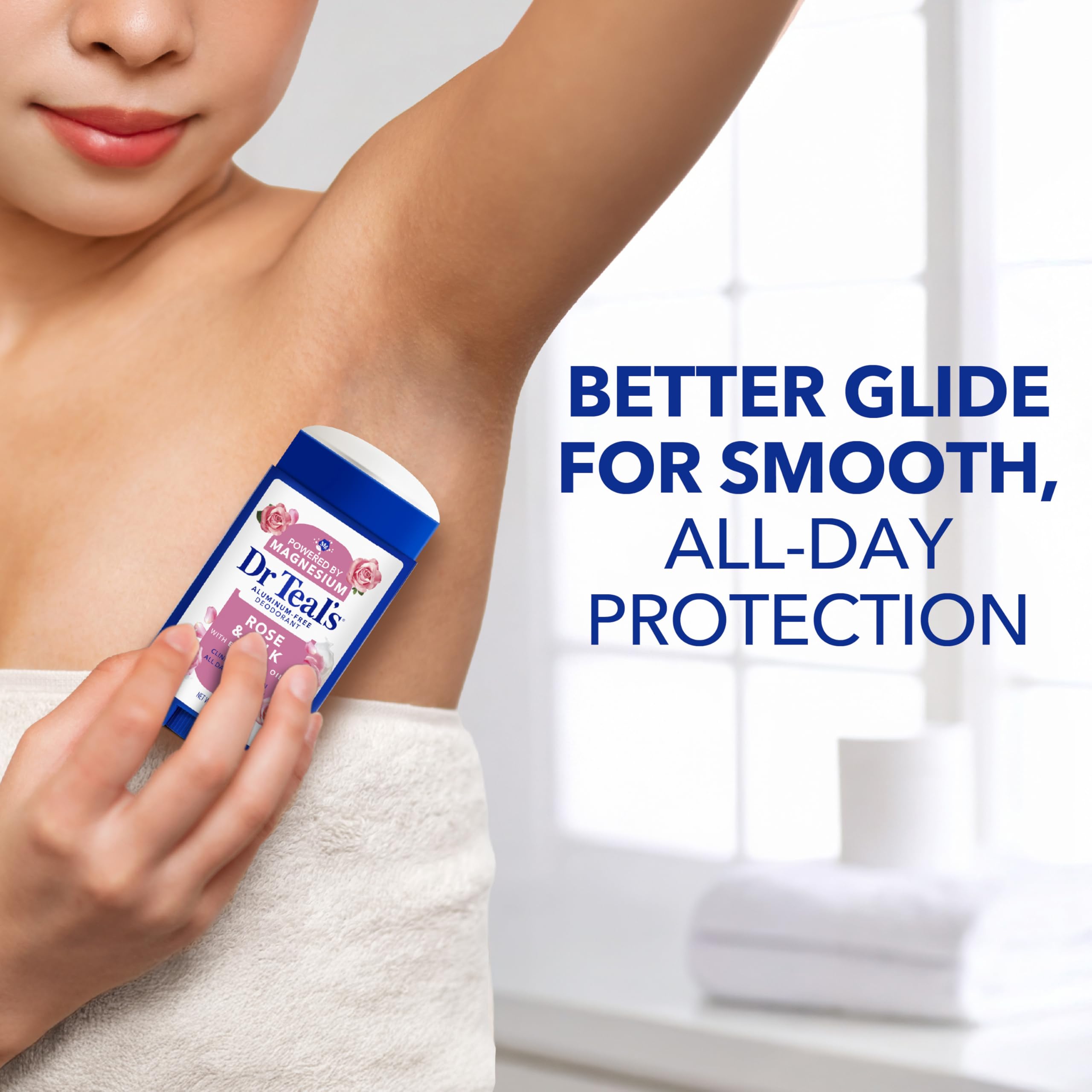 Dr Teal's deodorant on a bathroom vanity, suggests daily routine freshness