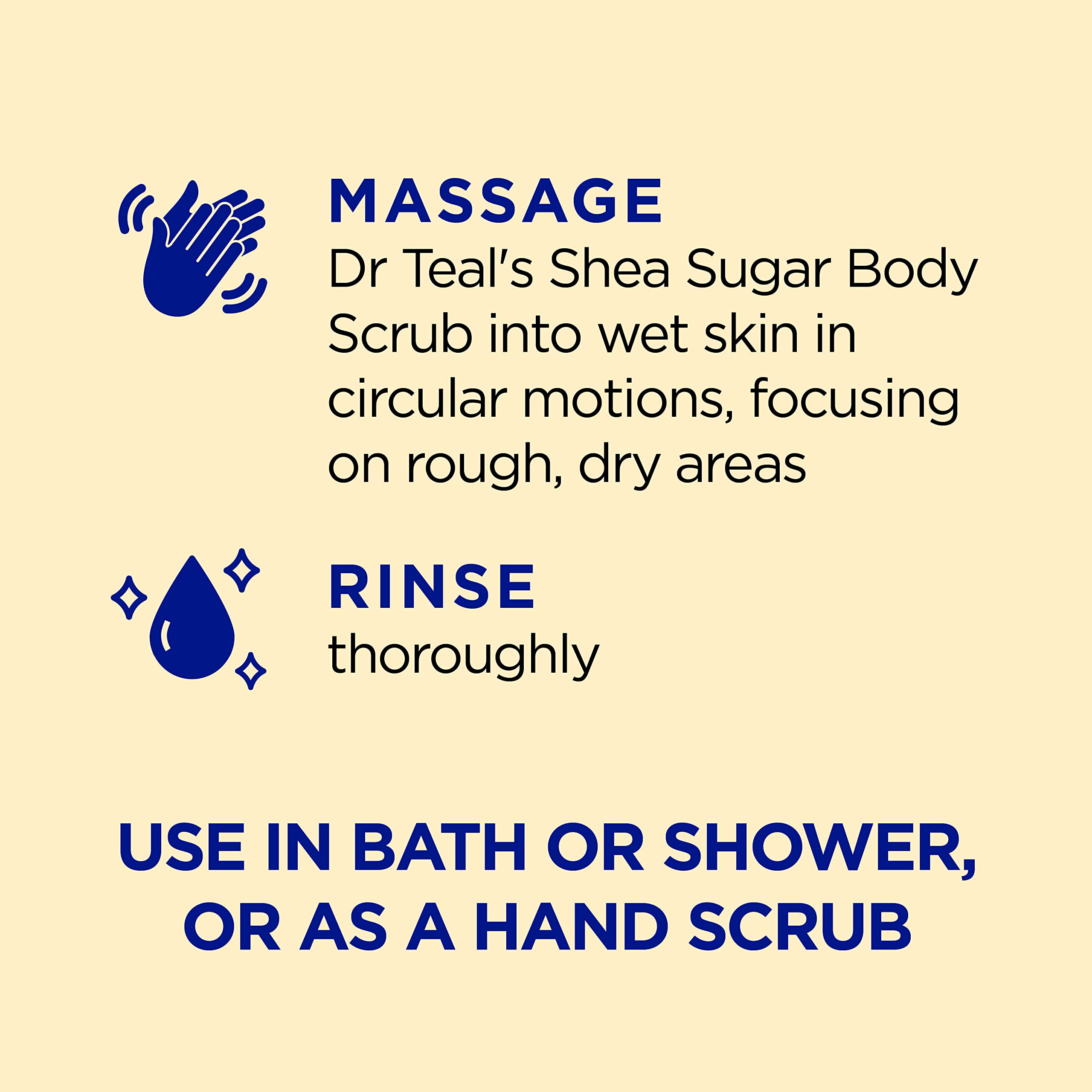 Dr Teal's pouring spoon with scrub showing sugar crystals and oils, highlights easy scoop