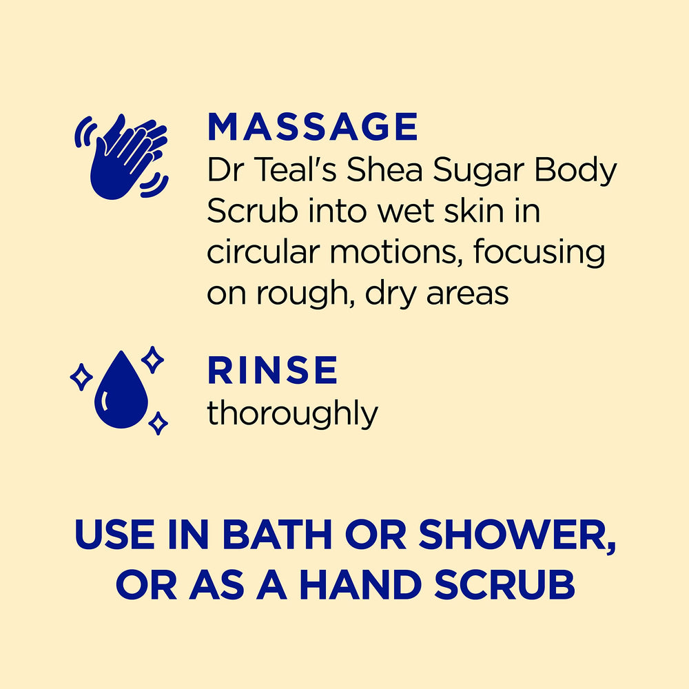 Dr Teal's pouring spoon with scrub showing sugar crystals and oils, highlights easy scoop
