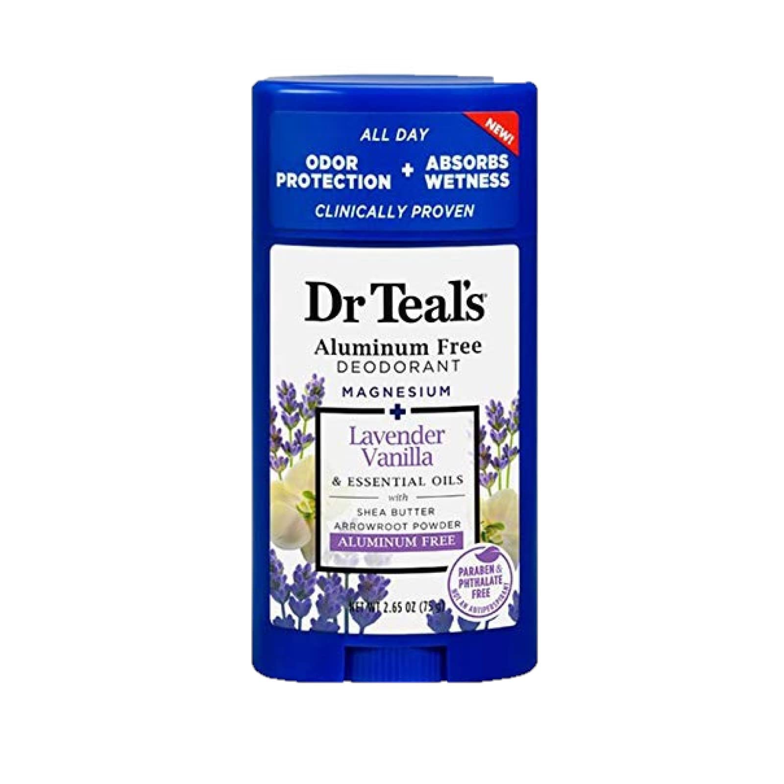 Dr Teal's deodorant in hand showing 2.65oz travel-friendly size benefit