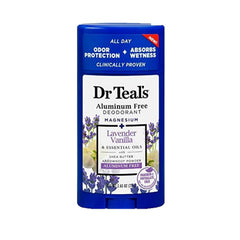 Dr Teal's deodorant in hand showing 2.65oz travel-friendly size benefit