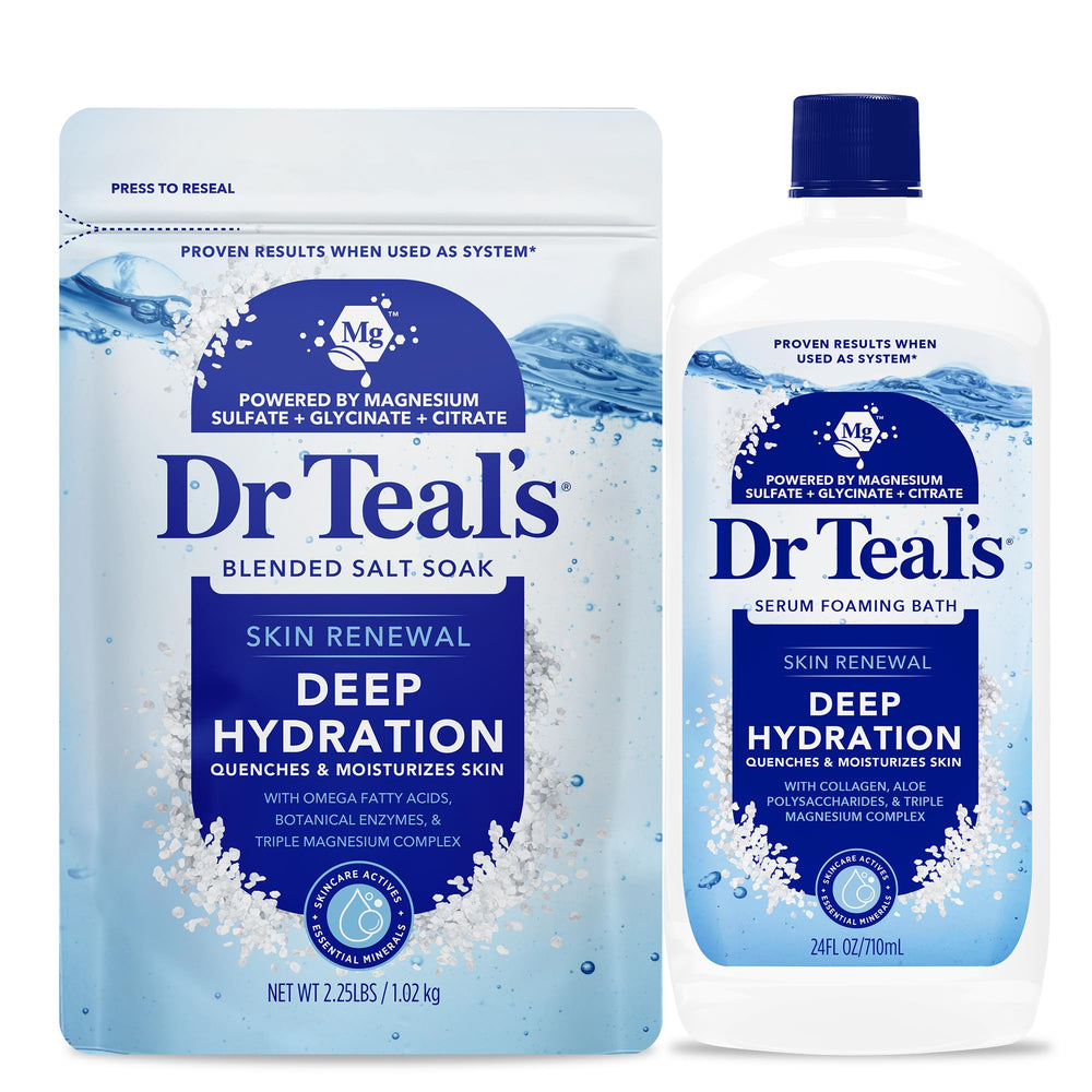 Dr Teal's combo front packaging showing both salt soak and foaming bath for deep hydration