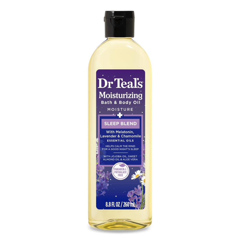 Dr Teal's front bottle showing Sleep Blend label and calming design