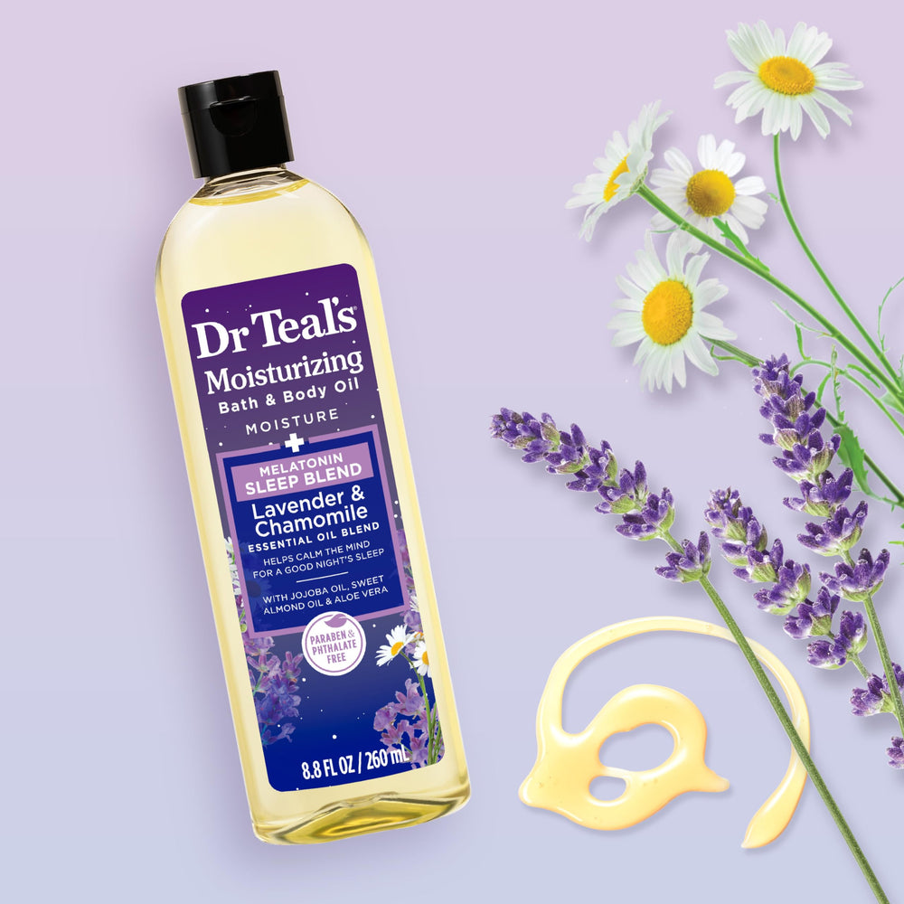 Dr Teal's bottle next to a ruler to show 8.8 fl oz size and scale