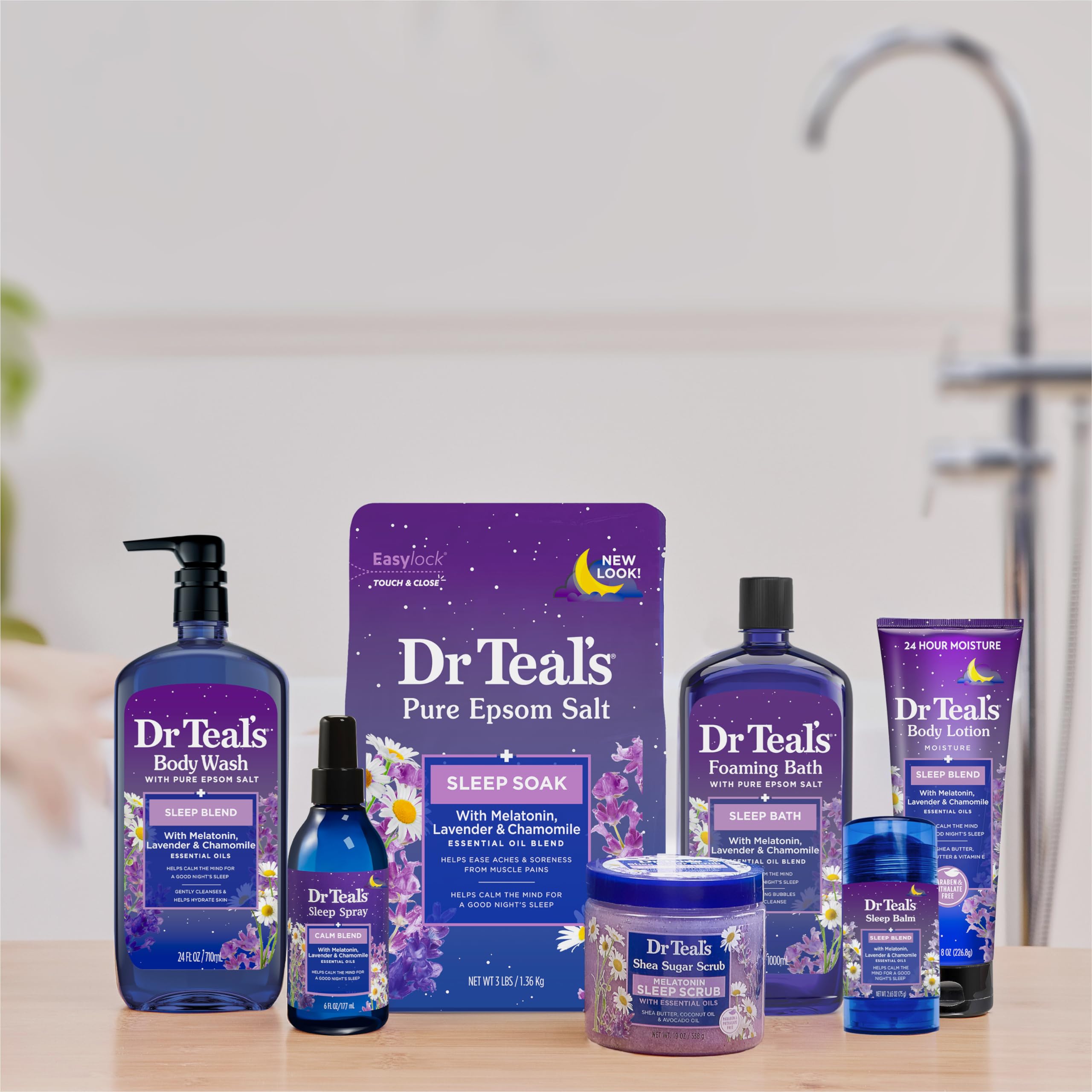 Dr Teal's bottle on a nightstand suggesting bedtime routine enhancement
